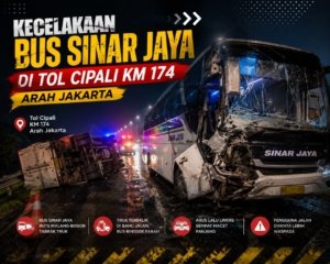 Kecelakaan Bus Sinar Jaya dan Truk di Tol Cipali KM 174 Sehingga Arus Lalu Lintas Macet