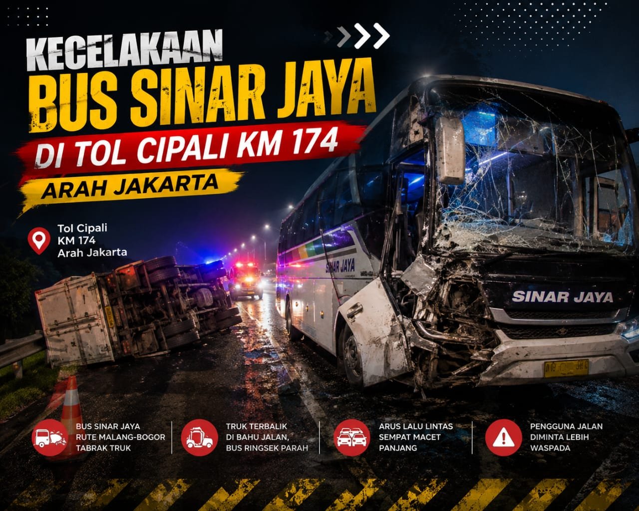 Kecelakaan Bus Sinar Jaya dan Truk di Tol Cipali KM 174 Sehingga Arus Lalu Lintas Macet
