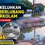 Kondisi jalan berlubang dan tergenang di kawasan Lampu merah cikampek yang akan dikeluhkan Warga.