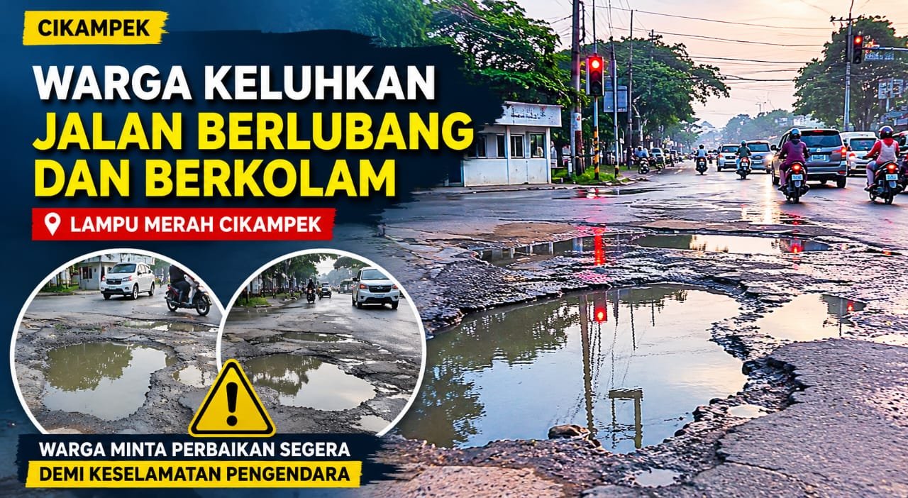 Kondisi jalan berlubang dan tergenang di kawasan Lampu merah cikampek yang akan dikeluhkan Warga.