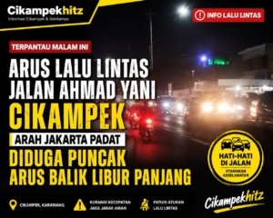 Kepadatan Arus Lalu Lintas di Jalan Ahmad Yani Cikampek arah Jakarta Pada Malam Hari yang diduga terjadi akibat Puncak Arus Balik Libur Panjang.
